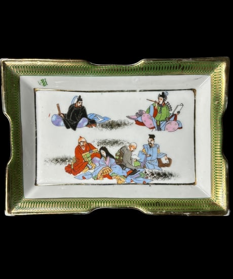 【2客セット】色絵 四角皿 [粉彩 人物絵] 時代物 角皿 変形皿 小皿 取り皿 盛り皿 飾り皿 レトロ 昭和初期 和食器 骨董品 アンティーク