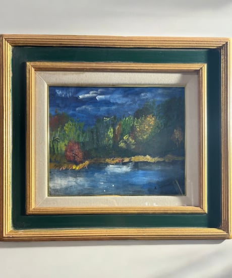 油絵 森 湖 油彩 額装 額 壁掛 絵画 色絵 雑貨 インテリア アンティーク コレクション