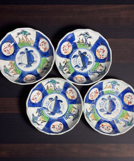 【4客セット】 古伊万里 青絵 なます皿 梅松文図 色絵 丸皿 取り皿 飾り皿 和食器 江戸 伊万里 陶器 骨董品 アンティーク