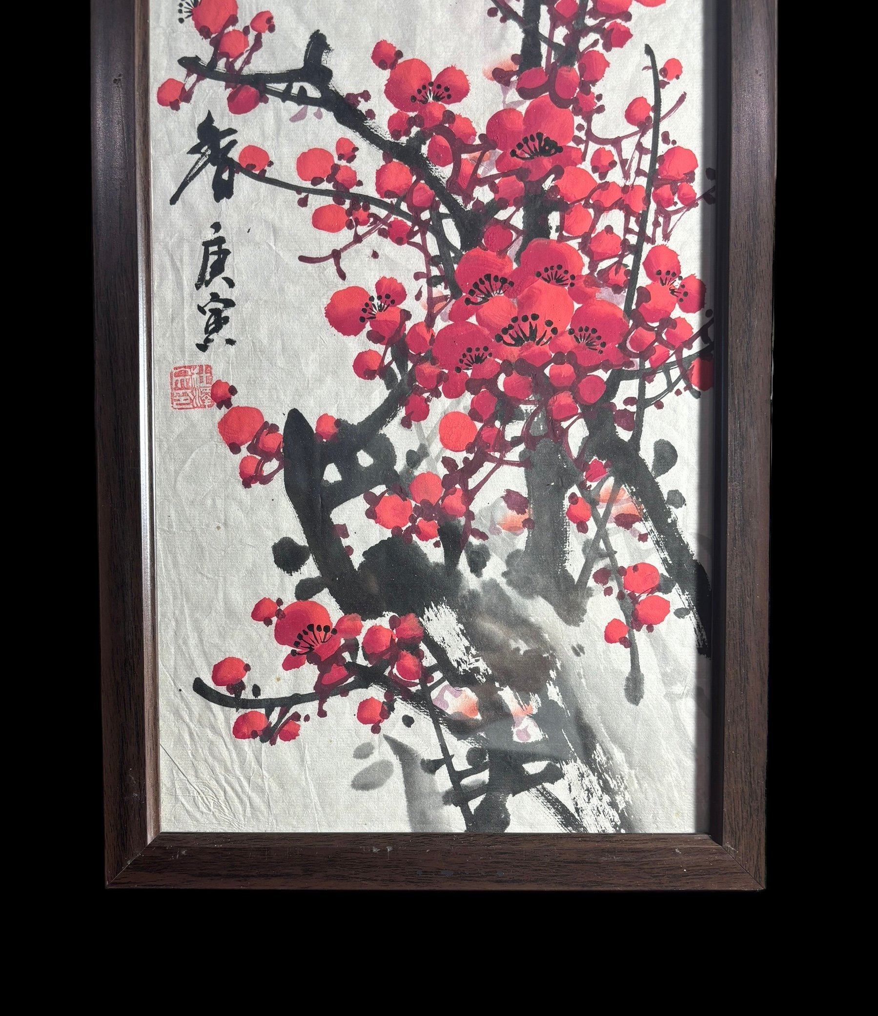中国美術 水墨画【紅梅】額装 壁掛 額 絵画 梅 色絵 民国 古美術 装飾