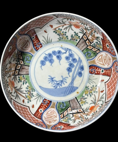 伊万里 大鉢 [松竹梅草花蝶鳥文絵] 色絵 丸皿 取り皿 飾り皿 鉢 和食器 明治 古伊万里 陶器 骨董品 アンティーク