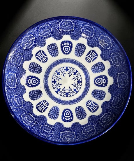 時代物 古伊万里 草花丸紋図 大皿 印判 染付 丸皿 盛り皿 飾皿 伊万里 古美術 和食器 骨董品 アンティーク