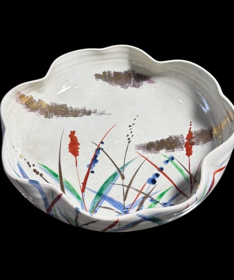 蔵出し 稲穂 飾鉢 花形鉢 色絵 大鉢 変形鉢 盛り皿 飾り皿 古美術 和食器 骨董品 アンティーク