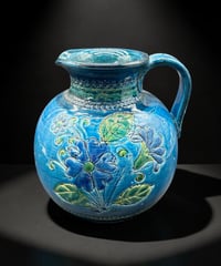 イタリア製 手描き 花柄 花瓶 ブルー ピッチャー フラワーベース 花入れ 花器 陶器 インテリア 骨董品 アンティーク