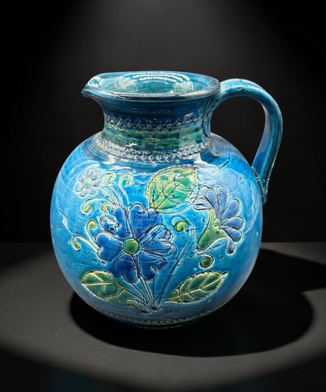 イタリア製 手描き 花柄 花瓶 ブルー ピッチャー フラワーベース 花入れ 花器 陶器 インテリア 骨董品 アンティーク