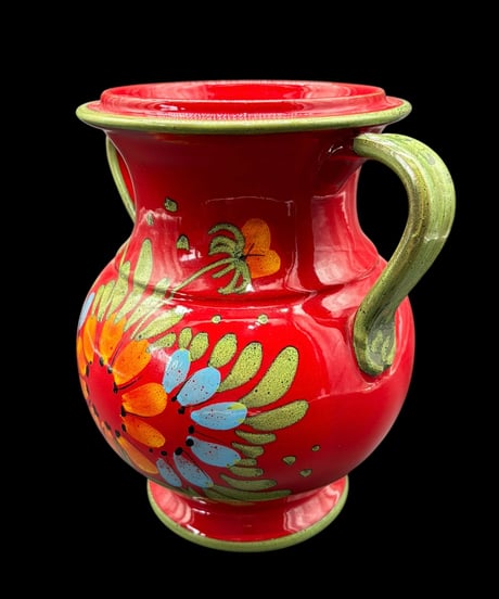 イタリア製 手描き 花柄 花瓶 レッド フラワーベース 花入れ 花器 陶器 インテリア 骨董品 アンティーク