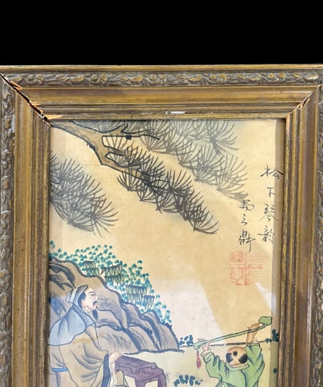 中国美術 絵画【松風景人物絵】額装 壁掛 扁額 五彩 色絵 民国 古美術 アンティーク コレクション