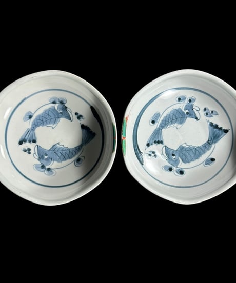 【2客セット】染付 丸皿 [魚絵] 青 時代物 小皿 取り皿 盛り皿 飾り皿 レトロ 和食器 骨董品 アンティーク