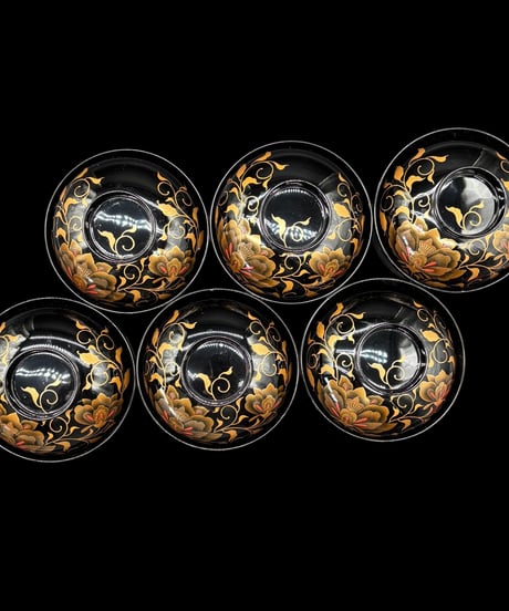 【6客セット】 明治期 金蒔絵 黒塗り 吸物椀 牡丹 御汁椀 漆器 塗物 煮物 縁起物 和食器 骨董品 アンティーク