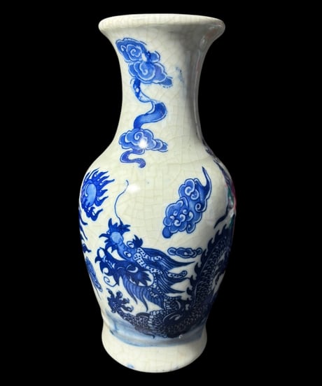 染付 壺 丸形 中国雑貨 龍 ドラゴン 中国 フラワーベース 花瓶 花入れ 花器 陶器 古美術 骨董品 アンティーク
