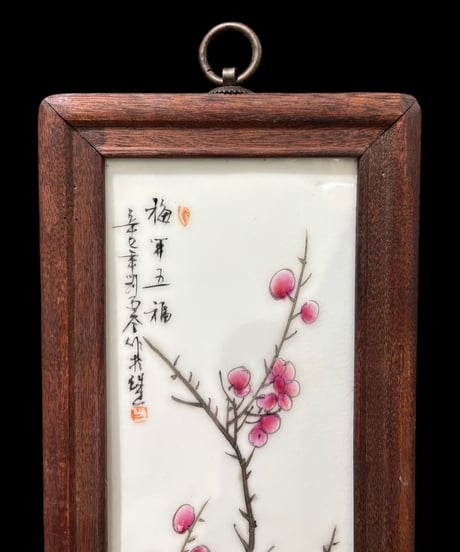 中国現地買入 陶板画 陶板額【梅】額装 壁掛 扁額 五彩 色絵 中国 民国 中国美術 古美術 アンティーク コレクション
