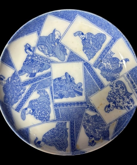 十歌仙図 印判 染付 丸皿 平皿 取り皿 盛り皿 飾り皿 百人一首 明治 和食器 骨董品 アンティーク