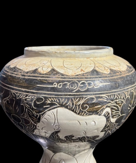 中国現地買入 壺 牛草花文図 中国 フラワーベース 花瓶 花入れ 丸壺 花器 陶器 古美術 シノワズリ 骨董品 アンティーク