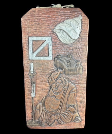 木製看板 [貝 人物絵] 木彫り レリーフ 看板 額装 壁掛 絵画 雑貨 インテリア アンティーク コレクション