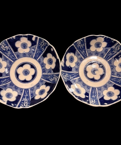 【2客セット】染付 小皿 花柄 竹 取り皿 盛り皿 飾り皿 和食器 骨董品 アンティーク