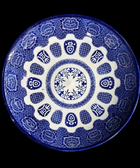 時代物 古伊万里 草花丸紋図 大皿 印判 染付 丸皿 盛り皿 飾皿 伊万里 古美術 和食器 骨董品 アンティーク