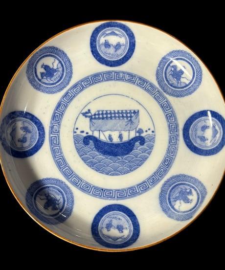 染付 丸皿 [船波風景馬文人物絵] 平皿 中皿 取り皿 盛り皿 飾り皿 和食器 骨董品 アンティーク