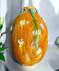 壺 [花柄] オレンジ 中国雑貨 フラワーベース 花瓶 花入れ 丸壺 花器 陶器 古美術 骨董品 アンティーク