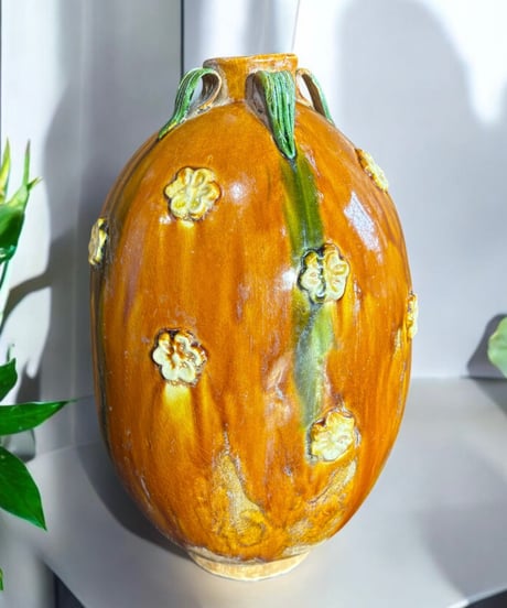 壺 [花柄] オレンジ 中国雑貨 フラワーベース 花瓶 花入れ 丸壺 花器 陶器 古美術 骨董品 アンティーク