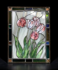 ステンドグラス チューリップの花 アート ガラス チューリップ 花 四角 パネル 装飾品 インテリア 骨董品 アンティーク ヴィンテージ