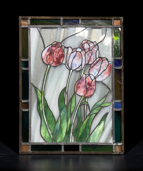 ステンドグラス チューリップの花 アート ガラス チューリップ 花 四角 パネル 装飾品 インテリア 骨董品 アンティーク ヴィンテージ