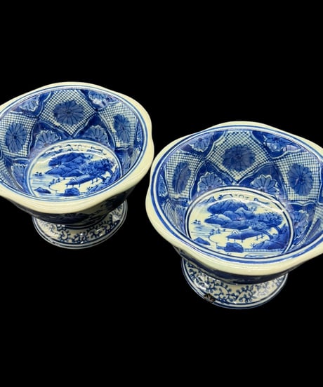 【2客セット】 染付 高台 盃洗 山水風景図 高足鉢 プランター 昭和 レトロ 陶器 骨董品 アンティーク