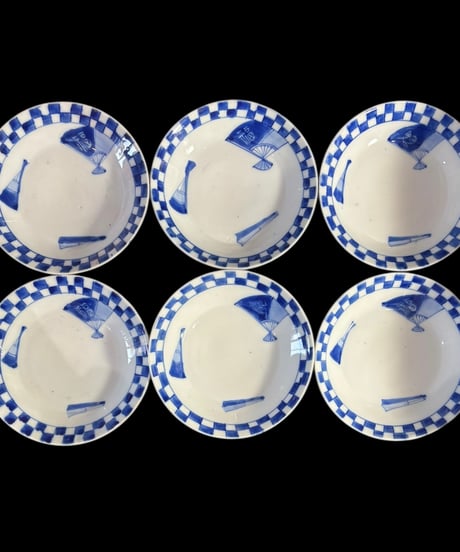 【6客セット】 古伊万里 染付 福 扇子 丸皿 取り皿 飾り皿 和食器 伊万里 陶器 骨董品 アンティーク