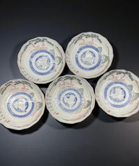 【5客セット】 古伊万里 金彩 色絵 なます皿 松竹梅 漢詩山水風景図 丸皿 取り皿 和食器 陶器 骨董品 アンティーク