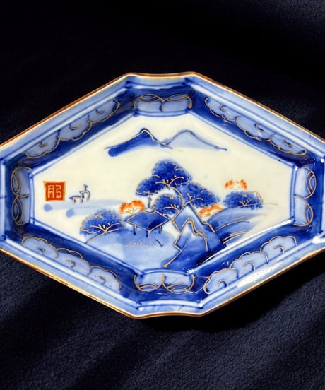 伊万里 染錦 [山水風景絵] 変形皿 小鉢 小皿 染付 取り皿 盛り皿 飾り皿 和食器 明治 骨董品 アンティーク