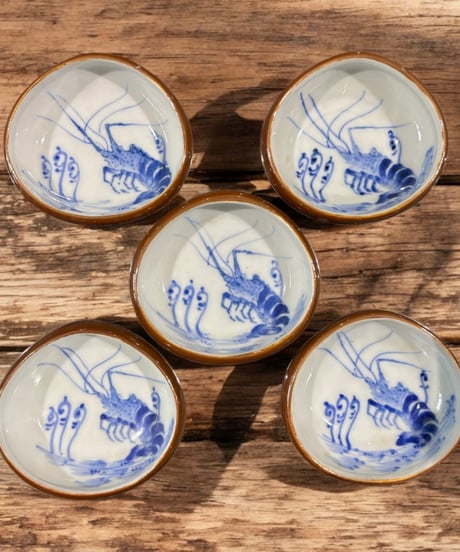 【5客セット】九谷焼 伊勢海老 染付 小鉢 取り皿 小皿 絵皿 丸皿 豆皿 エビ 昭和初期 和食器 骨董品 アンティーク