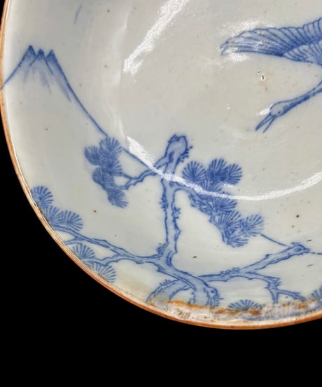 江戸期 古伊万里 染付 鶴松富士図 丸皿 鉢 盛り鉢 飾皿 和食器 陶器 時代物 骨董品 アンティーク