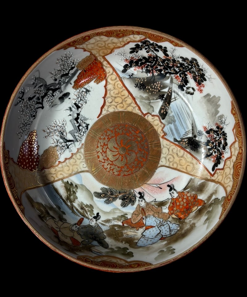 希少!!】九谷造 色絵 金彩 [松竹梅鳥文風景窓絵 粉彩人物絵