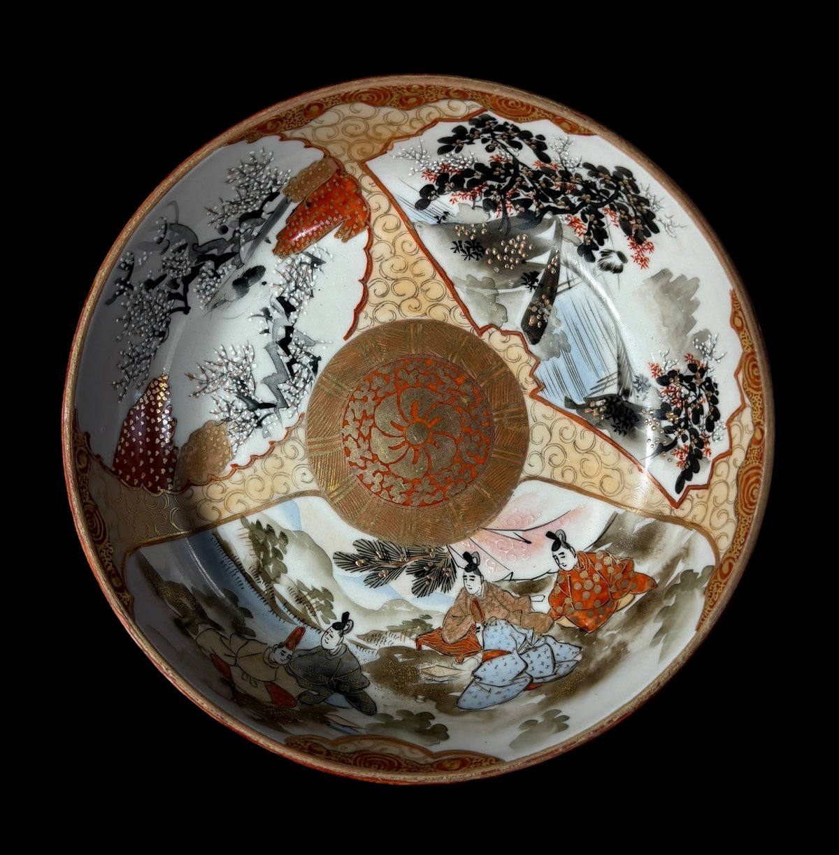 希少!!】九谷造 色絵 金彩 [松竹梅鳥文風景窓絵 粉彩人物絵] 大皿 平皿