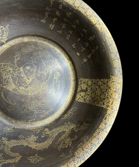中国雑貨 銅盆地 [龍 蓮 鯛 人物 風雲] ボウル 盆地 洗浄 中国 レトロ 骨董品 アンティーク