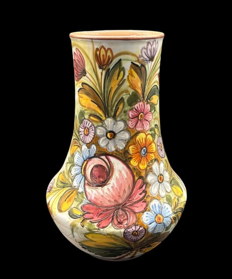 イタリア製 手描き 花瓶 花柄 丸形 フラワーベース 花入れ 花器 陶器 インテリア 骨董品 アンティーク