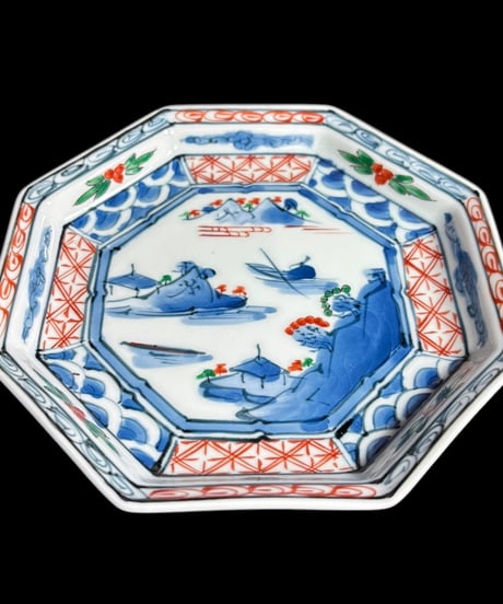 古伊万里 色絵 六角皿 [山水風景絵] 染付 平皿 丸皿 小皿 取り皿 飾り皿 伊万里 有田焼 和食器 骨董品 アンティーク