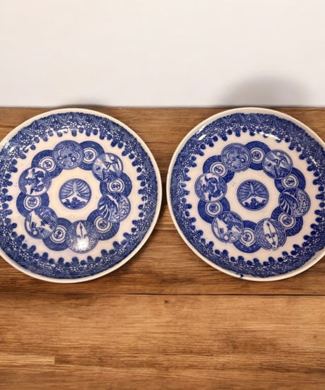【2客セット】染付 小皿 [松竹梅草花風景鳥文絵] 平皿 丸皿 印判 取り皿 盛り皿 飾り皿 和食器 骨董品 アンティーク