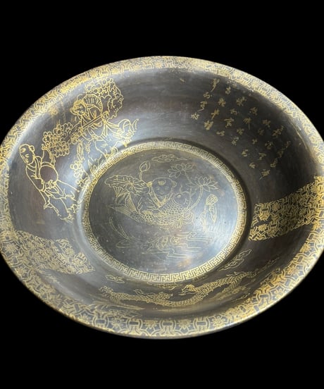 中国雑貨 銅盆地 [龍 蓮 鯛 人物 風雲] ボウル 盆地 洗浄 中国 レトロ 骨董品 アンティーク