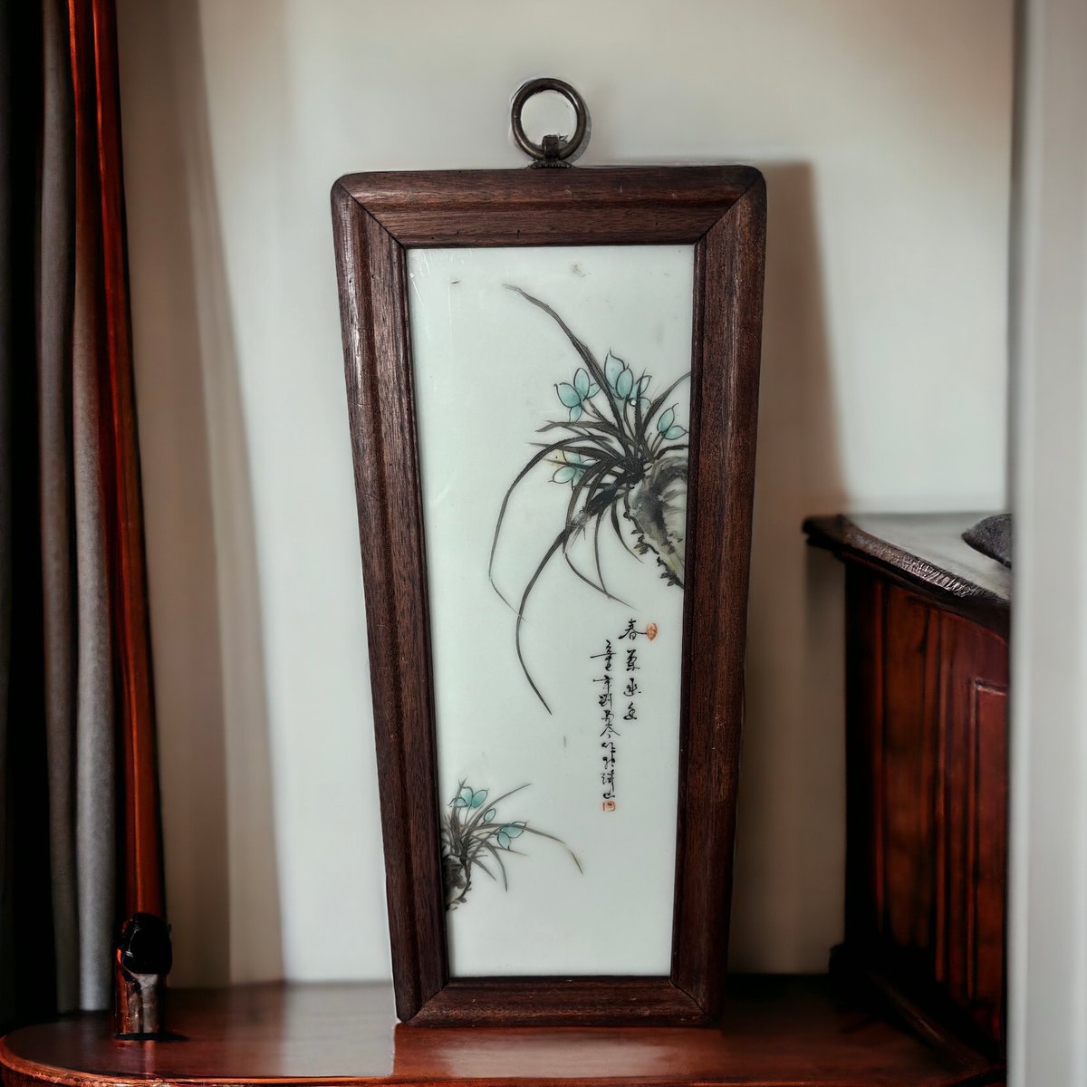 中国美術 陶板画 陶板額【春蘭】額装 壁掛 扁額 五彩 色絵 民国 古美術 