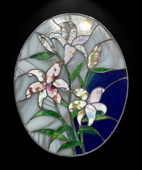 ステンドグラス 百合の花 アート ガラス 百合 花 楕円型 パネル 装飾品 インテリア 骨董品 アンティーク ヴィンテージ