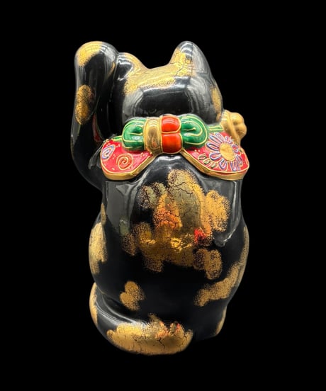 九谷焼 招き猫 黒猫 左手 縁起物 開運 商売繁盛 金彩 色絵 九谷 陶器 昭和 レトロ 工芸品 インテリア 骨董品 アンティーク