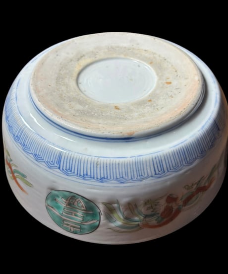 古伊万里 大鉢 福 窓絵風景草花文図 明治 盛り鉢 色絵 鉢 取り皿 飾り皿 和食器 陶器 伊万里 骨董品 アンティーク