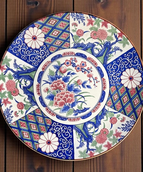 骨董品 陶磁器 お皿 アンティーク 特価¥1000→¥500】庭園の絵◇縁に寿。瀬戸焼 黒染付印判波縁中皿 骨董