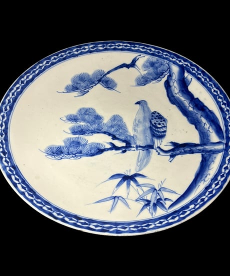 染付 丸皿 [鳥 松図] 丸大皿 中皿 取り皿 盛り皿 飾り皿 絵皿 明治 和食器 骨董品 アンティーク