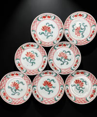 【7客セット】明治期 古伊万里 色絵 赤絵 小皿 草花文図 丸皿 飾皿 呉須 時代物 和食器 骨董品 アンティーク