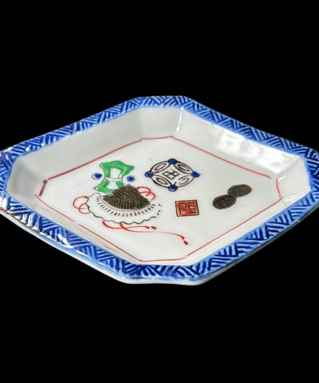 【2客セット】色絵 菱形皿 [手毬 小判] 時代物 角皿 小皿 取り皿 盛り皿 飾り皿 レトロ 昭和初期 和食器 骨董品 アンティーク