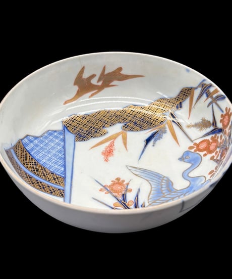 古伊万里 金彩 染付 大鉢 鶴扇面図 取り皿 飾り皿 伊万里 陶器 時代物 骨董品 アンティーク