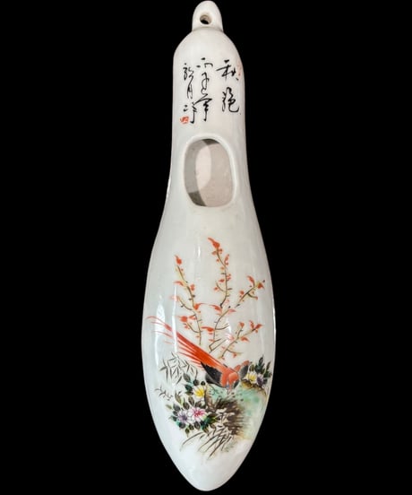 中国現地買入 一輪挿し [草花鳥] 壁掛け 中国雑貨 花瓶 フラワーベース 色絵 陶磁器 陶器 骨董品 アンティーク