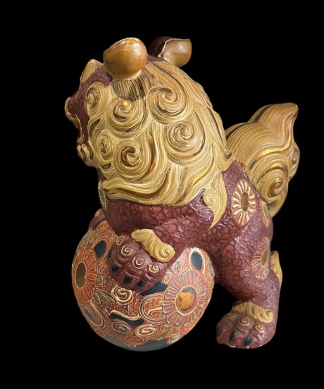九谷焼 赤獅子 色絵 玉獅子 玉乗り獅子 唐獅子 置物 美術品 縁起物 オブジェ 陶磁器 陶器 骨董品 アンティーク