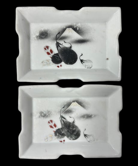 【2客セット】色絵 四角皿 [富士 ナス] 時代物 角皿 変形皿 小皿 取り皿 盛り皿 飾り皿 レトロ 昭和初期 和食器 骨董品 アンティーク
